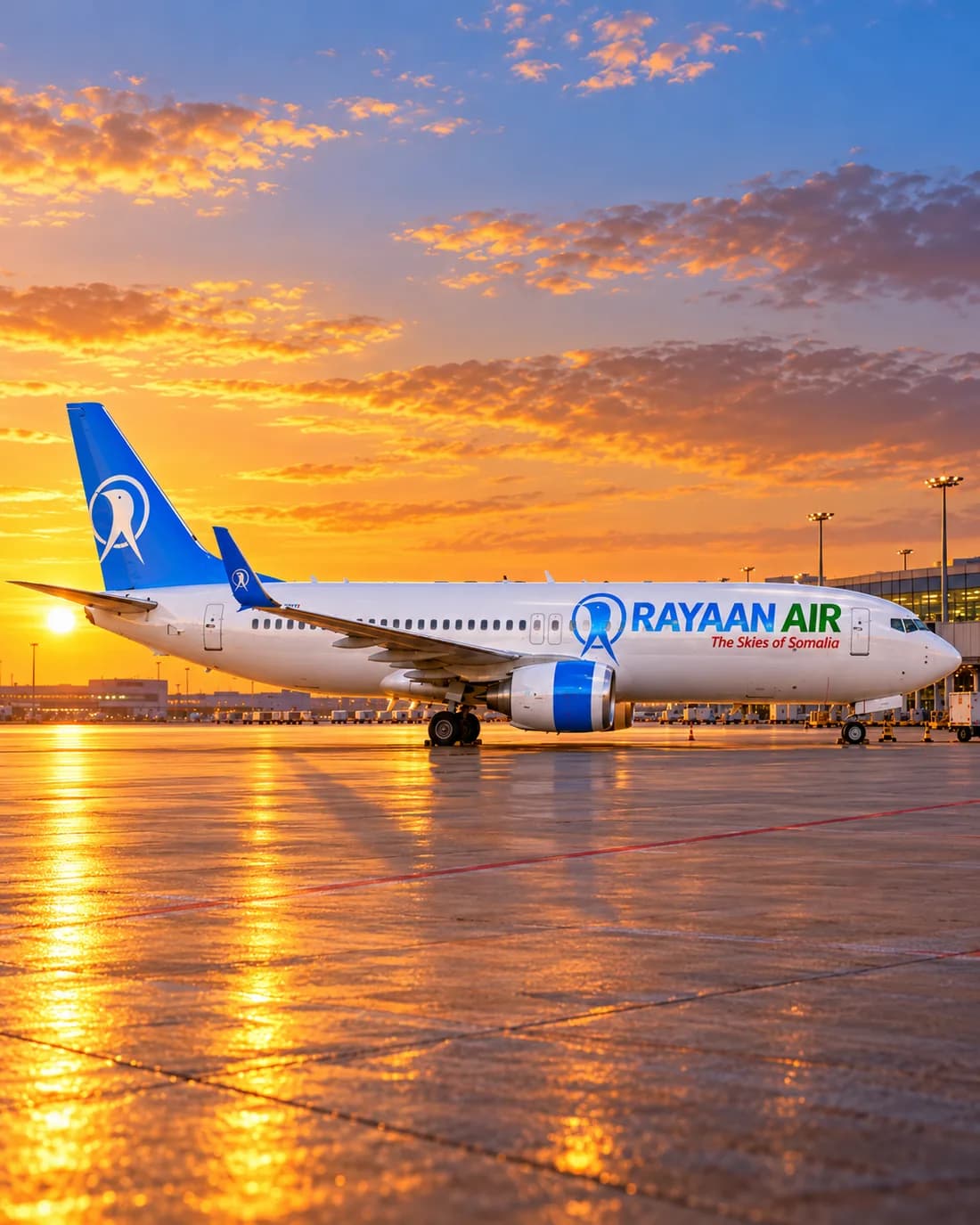 Illustration of a Rayaan Air aircraft on the apron at sunset