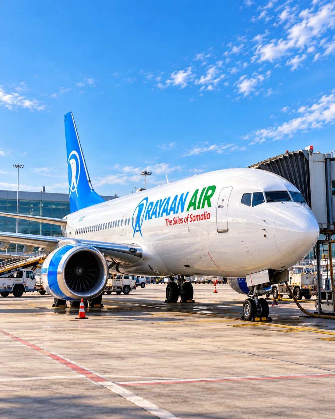 Illustration of a Rayaan Air aircraft at an airport gate in daylight