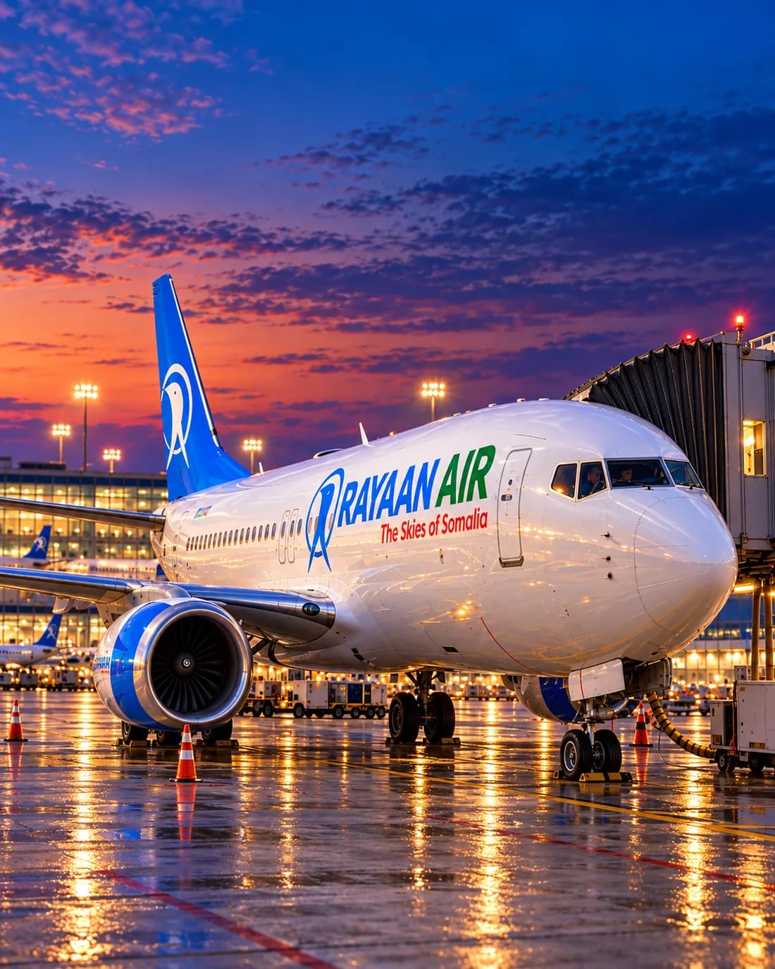 Illustration of a Rayaan Air aircraft at an airport gate at twilight