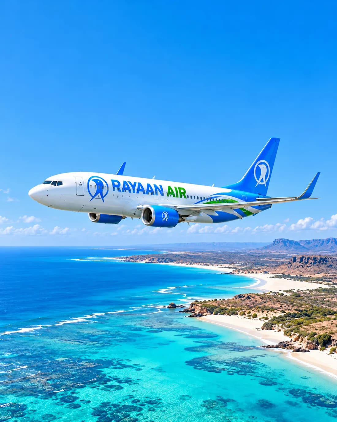 Illustration of a Rayaan Air aircraft above a turquoise coastline
